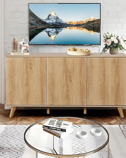 Fluted Sideboard Buffet Cabinet with Storage, Modern Storage Cabinet with 3 Doors, Wood Credenza Buffet Sideboards, Bar Cabinets Console Table for Kitchen Dining Living Room Entryway (Natural)
