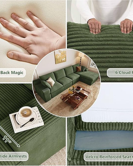 136" Cloud Couch Modular Sectional Sofa for Living Room, L-Shape Boneless Couch with Deep Seat, Modern Corduroy 4-Seater, No Assembly Required (Green,Right-Facing Chaise)