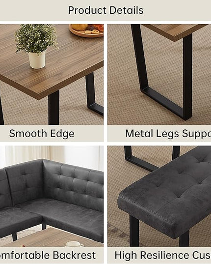 3-Piece Corner Dining Table Set with Bench, 70 Inch Space-Saving Breakfast Nook for Kitchen & Dining Room(Walnut Table & L-Seat Grey Bench)