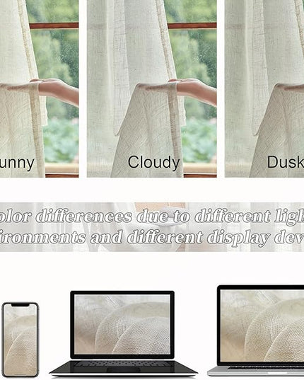 Natural Beige Linen Sheer Curtains 84 Inch Length for Living Room 2 Panels Cream Back Tab Pocket Drapes Neutral Country Rustic Farmhouse Light Filtering Semi Sheer Curtains for Bedroom Ivory 42x84