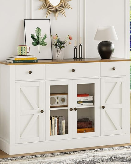 4 EVER WINNER 55" Buffet Cabinet with Storage, Farmhouse Coffee Bar Cabinet with Glass Doors and Drawers, Sideboard Cabinets with Adjustable Shelves for Living Room, Kitchen, White