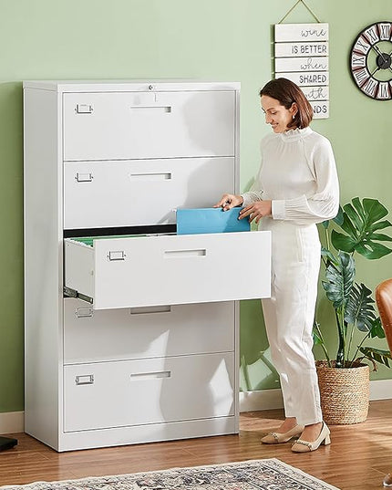 Letaya Lateral 5 Drawer File Cabinet with Lock,Metal Wide White Filing Cabinets for Home Office Storage A4/F4/Letter/Legal(Assembly Required)