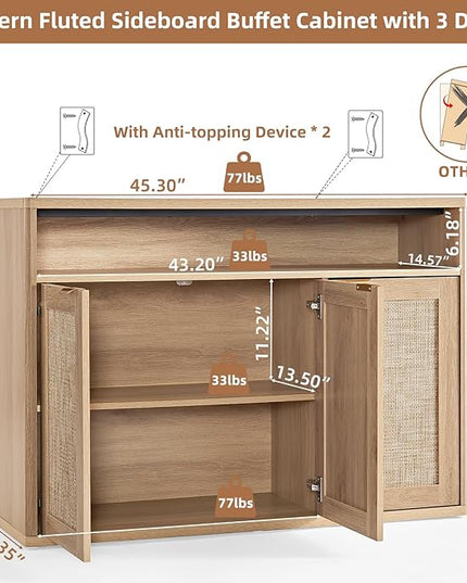 LEYAOYAO Rattan Sideboard Buffet Cabinet,45" Coffee Bar Cabinet with 3 Doors & Open Storage Shelf,Modern Credenza Console Table for Living Room Rattan Farmhouse entryway Natural