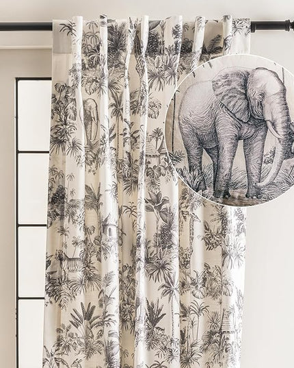 Maison d' Hermine Curtains for Living Room 100% Cotton 96 inch Length One Panel Light Filtering Toile Curtains for Bedroom Windows with Rod and Loop Pockets Drapes (Savana Jouy Black, 50" W x 96" L)