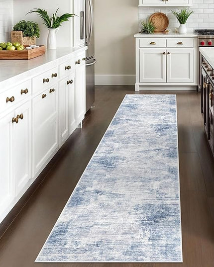 IOHOUZE Abstract Runner Rug 2x10 Ft Washable Runners for Hallways, Non Slip Kitchen Runner Printed Faux Wool Entryway Runner Indoor, Modern Abstract Floor Carpet for Hall Kitchen, Light Blue White