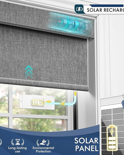 Motorized Blinds with Remote,100% Blackout Smart Roller Shades,Rechargeable Smart Blinds【Solar Panel Included】 Wireless Electric Cordless Shades with Cover Compatible with Alexa Grey 25 * 72