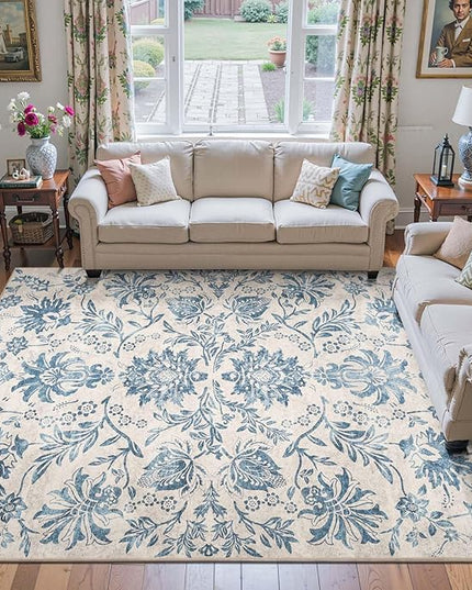 jinchan Torino Floral 8x10 Area Rugs, Vintage-Inspired Design Accent Living Room Rug, Machine Washable Ultra-Thin Low-Pile Non-Slip Traditional Carpet for Bedroom Dining Room Home Office, Dark Blue