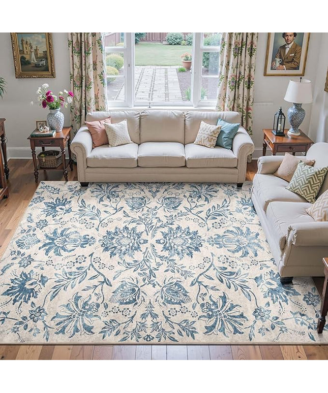 jinchan Torino Floral 8x10 Area Rugs, Vintage-Inspired Design Accent Living Room Rug, Machine Washable Ultra-Thin Low-Pile Non-Slip Traditional Carpet for Bedroom Dining Room Home Office, Dark Blue