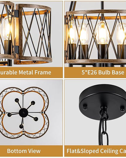 20.8'' Farmhouse Chandeliers for Dining Room, 5-Light Rustic Chandelier Wood Grain Metal Round Hanging Light Fixture, Vintage Drum Pendant Lights for Living Room, Bedroom, Kitchen, Entryway