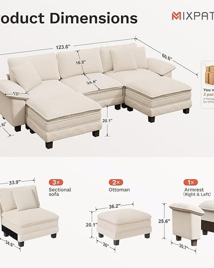 123-Inch U Shaped Sectional Sofa with Cloud Cushions, Deep Seat Modular Couch Set w/ 5 Seats & 2 Ottomans, Plush Chenille & Corduroy Upholstery for Living Room, Apartment - Beige