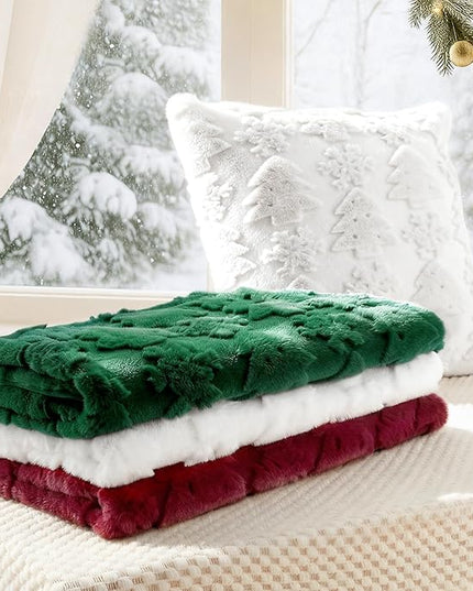 Touchat Christmas Pillow Covers 20x20, Soft Faux Rabbit Fur Throw Pillow Covers with 3D Embroidery Christmas Tree and Snowflake Design for Winter Holiday Home Decor, Couch Sofa Bedroom, White