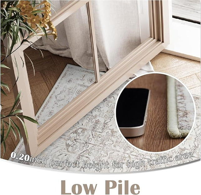 jinchan Lima Hallway Runner Rug 2x10 Washable - Vintage Floral Non Slip Low-Pile Soft Ultra-Thin Faux Wool Kitchen Rug Distressed Carpet Runner for Farmhouse Bedroom Laundry (2x10ft, Taupe)