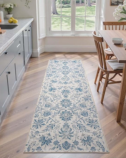 jinchan Torino Runner Rugs 2x5 - Vintage-Inspired Floral Design Machine Washable Non-Slip Ultra-Thin Low-Pile Rubber Backing Runner Rug for Kitchen Hallway Laundry Room Entryway Dark Blue