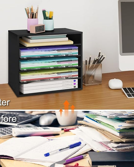 EMERIT 4-Tier Adjustable Paper Organizer, Large Capacity Book Shelf for Textbooks/Magazines/Office Files, Wooden Dividers, 7 lbs per Shelf, Black