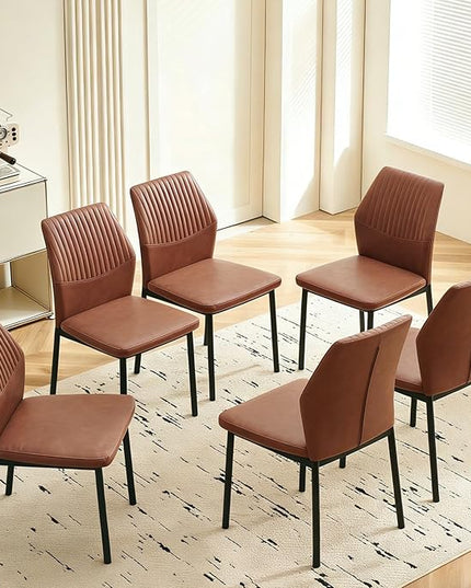 Dining Chairs Set of 6, Brown PU Leather Dining Chairs, Comfortable Upholstered Armless Kitchen Chairs with Black Metal Legs for Living Room, Dining Room, Kitchen