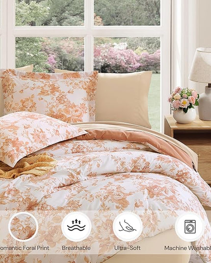King Comforter Set -7 Pieces Autumn Leaf Floral Comforter Set for All Seasons, Bed in a Bag King with Botanical Flowers Comforter, Sheets, Pillowcases & Shams