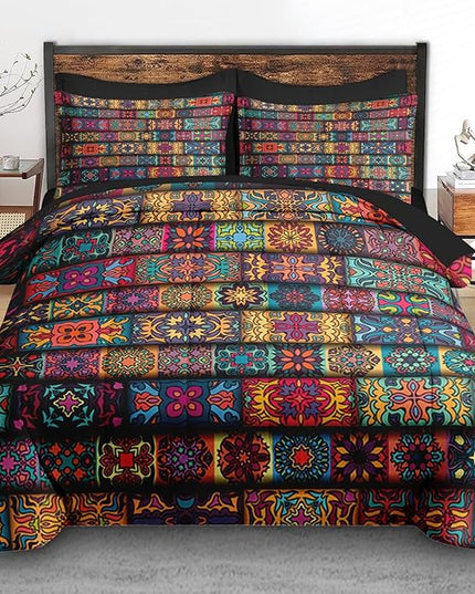 5 Pcs Comforter Set Twin Size, Colorful Mandala Floral Vintage Bedding for Kids and Adults, Bohemian Flower Bed Sheet Sets with Fitted Sheet Pillowcase & Sham for Bedroom Bed Decor