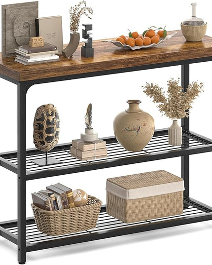 32" Small Console Table with Storage, Narrow Entryway Table, Sofa Table for Living Room, Sturdy 3-Tier Console Tables for Living Room, Hallway, Foyer & Bedroom, Rustic Brown