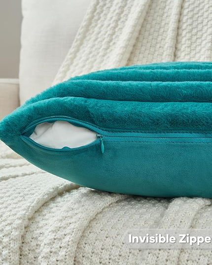 FUTEI Teal Green Throw Pillow Covers Set of 2, 24x24 Inch Striped Texture European Cushion Cases with Soft Faux Rabbit Fur Front & Velvet Back, Modern Decorative Couch Pillows for Living Room