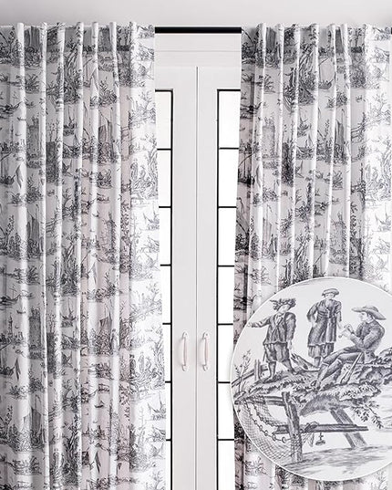 Maison d' Hermine Curtains for Living Room 100% Cotton 108 inch Length Two Panels Light Filtering Toile Curtains with Rod and Loop Pockets (Calais Paloma Grey (White Background), 50" W x 108" L)