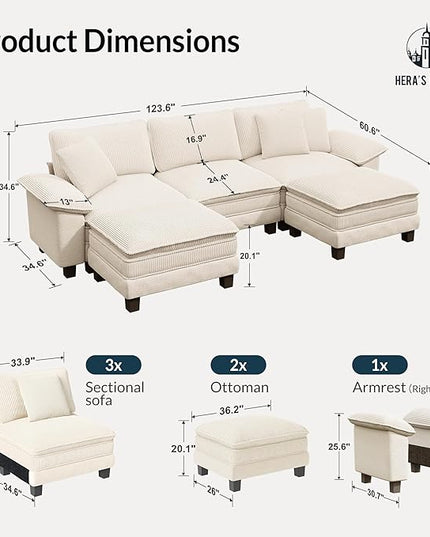 HERA'S HOUSE 124" Modular Sectional Sofa, Oversized U Shaped Couches for Living Room, Comfy Cloud Couch with Ottoman, 5-Seater Deep Seat Sofa with Throw Pillow, Corduroy and Chenille Beige