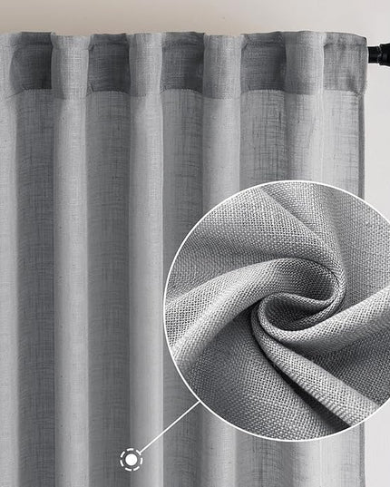 MIULEE Grey Linen Curtains 96 Inch Long for Bedroom Living Room, Soft Thick Linen Textured Window Drapes Gray Semi Sheer Light Filtering Back Tab Rod Pocket Burlap Look Decor, 2 Panels