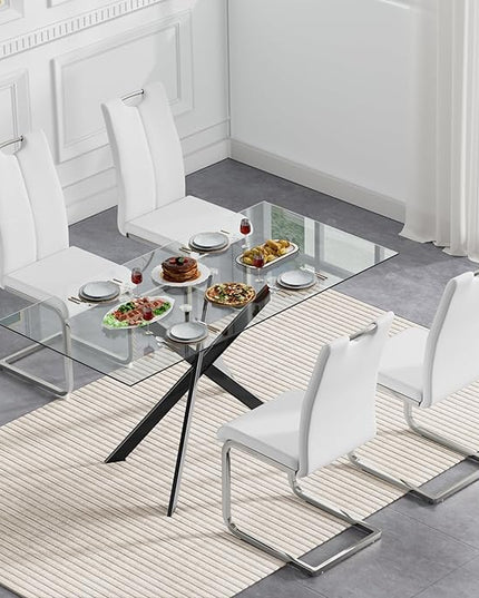 5 Piece Glass Dining Table Set, Glass Kitchen Dining Room Table Set for 4, 61" Modern Rectangular Black Glass Metal Dining Table with 4 White PU Leather Dining Chairs for Kitchen Dining Room