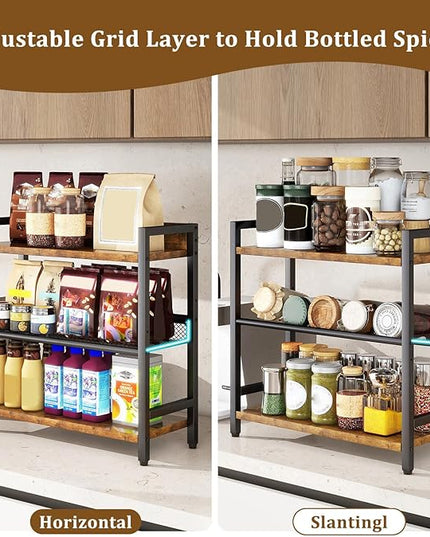 IBUYKE 3-Tier Spice Rack Industrial Counter Shelf Desktop Storage Organizer Standing Seasoning Rack for Countertop Kitchen Office Living Room Desktop Rustic Brown UTLJ021H