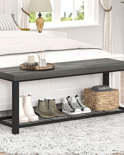 EXCEFUR Entryway Bench, Industrial Metal and Wood Storage Bench for Living Room, Indoor Shoe Rack Bench Seat, 43.3 Inch Grey
