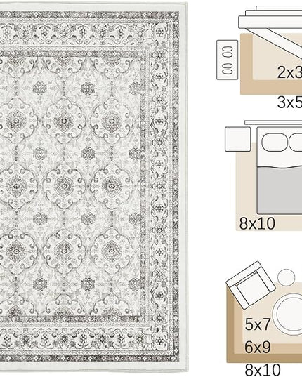 jinchan Floral 2x3 Rugs for Entryway - Machine Washable Beige Vintage Distressed Boho Design Soft Faux Wool Small Non-Slip Doormat for Entrance Kitchen Living Room Bedroom Farmhouse (2‘x3', Beige)