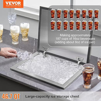 VEVOR Drop in Ice Chest, 20" L x 16" W x 13" H Stainless Steel Ice Cooler, Commercial Ice Bin with Hinged Cover, 40 qt Outdoor Kitchen Ice Bar, Drain-Pipe and Drain Plug Included, for Cold Wine Beer