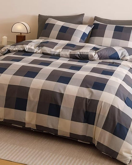 Luxlovery Checkered Navy Comforter Set King Gingham Bedding Set Men's Bedding Grid Bedding Set Fluffy Soft Cottagecore Khaki and Blue Blanket Quilts with 2 Pillowcases King Bed