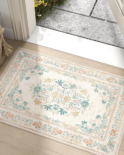 jinchan Spring Floral 2x3 Rugs for Entryway - Vintage Washable Area Rug Ultra-Thin Low Pile Soft Small Non Slip Distressed Indoor Doormat Accent for Entrance Kitchen Bedroom (2x3ft, Apricot Multi)