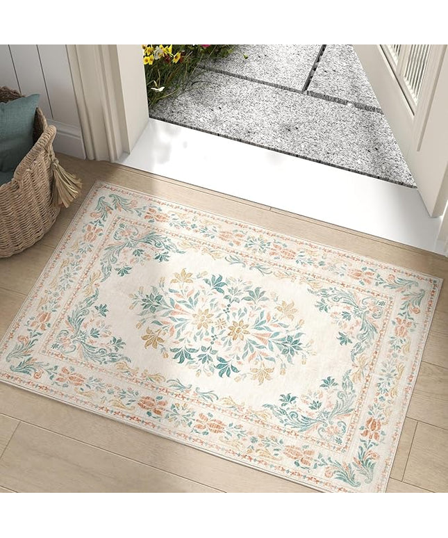 jinchan Spring Floral 2x3 Rugs for Entryway - Vintage Washable Area Rug Ultra-Thin Low Pile Soft Small Non Slip Distressed Indoor Doormat Accent for Entrance Kitchen Bedroom (2x3ft, Apricot Multi)