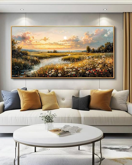 FUHAIHUA Large Wood Framed Wall Decor For Living Room Canvas Wall Art For Office Modern Wall Decorations For Bedroom Sunset Landscape Painting Farmhouse Pictures Artwork Room Home Decor 24x48 In