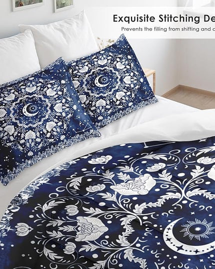 Comforter Set Twin Size, Astrology Sun Moon Soft 2 Pcs Bedding for Kids and Adults Blue Starry Flower Comforter Set with Pillowcase for Bedroom Bed Decor