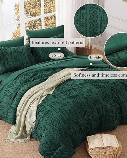 Queen Comforter Set Emerald Green, Tufted Boho Bedding Farmhouse Dark Green Bed Set, All Season 7 Pieces Bed in a Bag with Sheets, Pillowcases & Shams