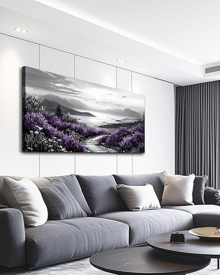 KELIYUAN Black And White Home Decoration Canvas Wall Art For Restaurant Natural Landscape Painting Printing Landscape Purple Grass Picture Suitable For Living Room Bedroom Office Wall Decor 20x40In