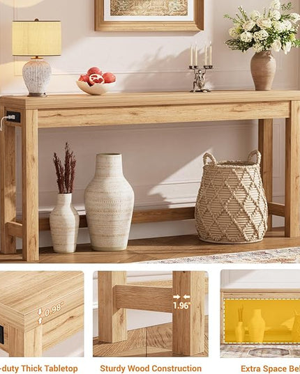 Cyclysio 63" Console Tables for Entryway, Long Console Tables for Living Room, Behind Couch Table, Sturdy Wood Support Farmhouse Entryway Table with 3AC+2USB Charging‌ Station, Natural Oak