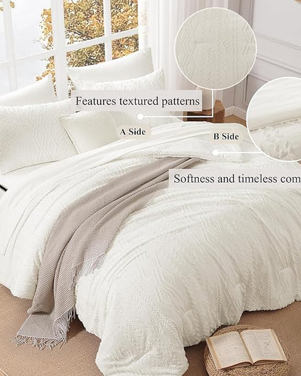 Queen Comforter Set White, Tufted Boho Bedding Farmhouse Bed Set, All Season 7 Pieces Bed in a Bag with Sheets, Pillowcases & Shams
