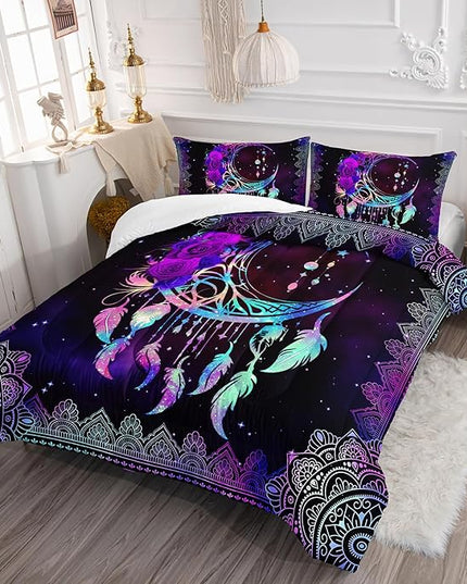 AILONEN Purple Galaxy Moon Comforter Set, Mandala Bohemian Bedding Set Queen Size,Moon Dream Catcher Starry Comforter Boys Girls Bed in a Bag Duvet Set, 1 Quilt and 2 Pillowcases