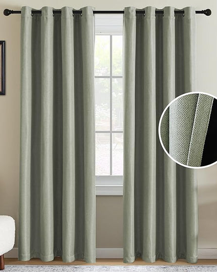 H.VERSAILTEX 95% Blackout Linen Curtains 96 Inches Long for Bedroom/Living Room Thermal Insulated Grommet Curtain Drapes Primitive Textured Burlap Effect Window Drapes 1 Panel - Heather Sage/Black
