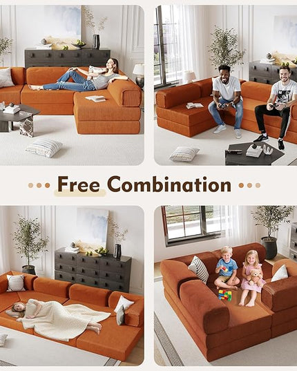 108" L Shaped Couch，Modular Sectional Sofa with Chaise，Cloud Sectional Couch with Deep Seat & Removable Pillow for Living Room,Bedroom,No Assembly Required（Brick Red）