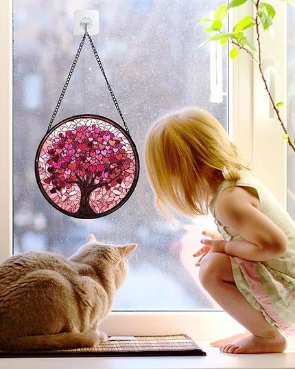 Stained Glass Window Hanging - DASTOLL, Birthday Gifts for Women Men Mom Dad, Pink Love Tree Suncatcher for Doors Window Home Sun Catchers Decor 6.3 in