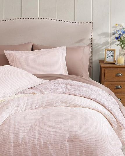 Full Comforter Set - 7 Pieces Pink Gauze Muslin Bedding Sets for All Seasons, Lightweight Breathable Bed in a Bag Full with Revesible Farmhouse Comforter, Sheets, Pillowcases & Sham
