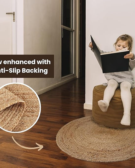 REDEARTH · Round Area Rug - 3 Feet Braided Natural Jute with Non-Skid Backing - Handwoven Boho Rug for Bedroom, Kitchen, Living Room - Farmhouse Aesthetic Home Decor - Durable Handmade Rug