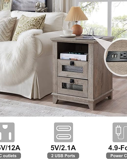 Nightstand with Charging Station,OKD 18'' Industrial & Farmhouse End Table with 2 Drawers & Open Cubby, Rustic Mesh Drawer Sofa Side Table w/Storage for Bedroom, Living Room, Office, Light Rustic Oak