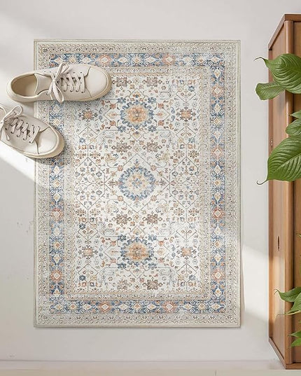 jinchan Area Rug 2x3 Washable Entryway Rug Distressed Orange Multi Vintage Floral Kitchen Print Floor Cover Indoor Doormat Retro Bathroom Living Room Bedroom Office Farmhouse