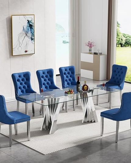 7 Piece Glass Dining Table Set,70" Dinner Room Glass Table Set for 6,Modern Kitchen Dinner Table Set with Stainless Steel Base and 6 Upholstered Velvet Dining Chairs for Living Dining Room