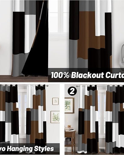 Brown 100% Blackout Curtains for Bedroom 63 inch Long 2 Panels Set Black White Gray Modern Abstract Geometric Black Out Curtains Insulated Room Darkening Window Drapes for Living Room, 52Wx63L